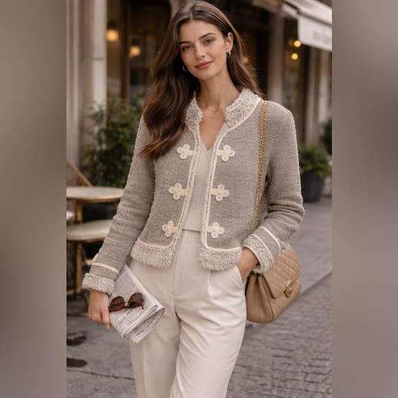 Sleeping On Snow Jackets & Blazers - Sleeping on Snow Wool Mohair Blend Sweater Jacket Coat Cream Trim M